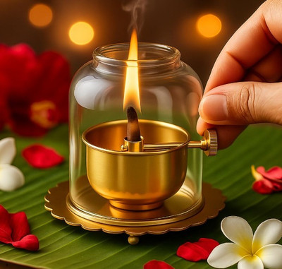 Dev das BRASS JYOT DIYA | Brass Table Diya | Deep | Glass cover diya Brass Table Diya(Height: 9 inch)