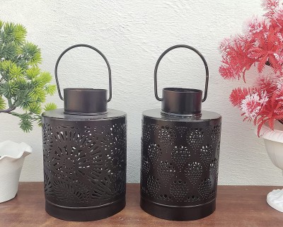 AN Handicrafts Decorative Metal Tealight Holder for Home Decor (Free Tealights) Black Iron Table Lantern(12 cm X 8 cm, Pack of 2)