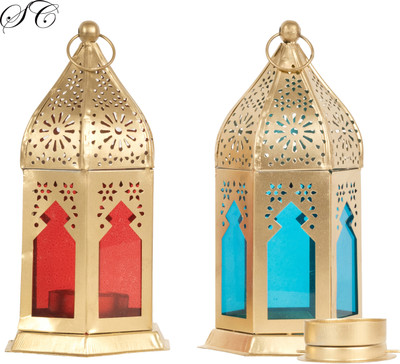 Sunrise Corp Decorative Hanging Lantern,T-Light Candle Holder Gold, Red, Blue Metal Hanging Lantern(16 cm X 9.5 cm, Pack of 2)