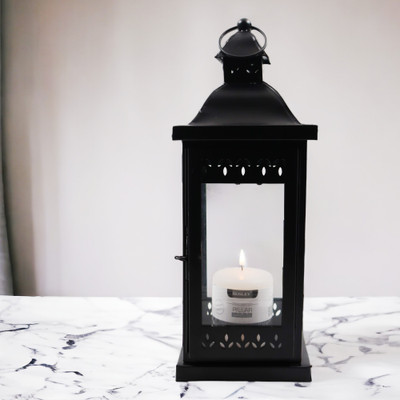 Hosley Black Decorative Lantern with Free Pillar CandleHosley Black Decorative Lantern with Free Pillar Candle Black Iron Table Lantern(35.56 cm X 14 cm, Pack of 1)