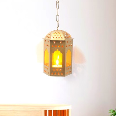 DeArt Premium Moroccan Metal Lantern Lamp Tealight Holder for indoor Home Decor Gold, Yellow Iron Hanging Lantern(15 cm X 10 cm, Pack of 1)