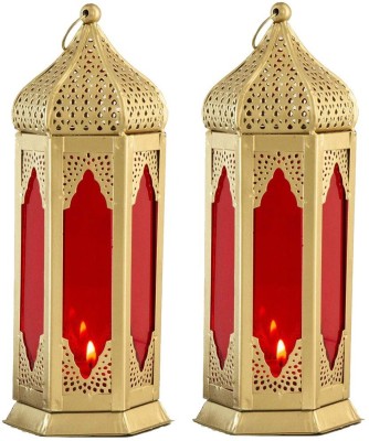 Designer International moksha hand made hanging lantern Red, Yellow Iron Hanging Lantern(23.8 cm X 8.5 cm, Pack of 2)