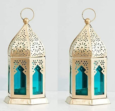 aasha brass collections Gold, Blue Iron Hanging Lantern(17 cm X 9 cm, Pack of 2)