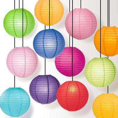 Orama Rice Paper Ball Lamp Round Hanging Ball Paper Hanging Lantern Paper Lamp Multicolor Paper Hanging Lantern(23.34 cm X 20.22 cm, Pack of 12)