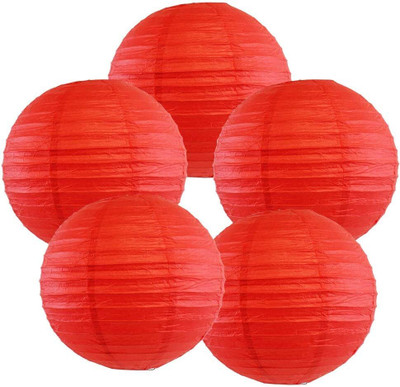 Orama Rice Paper Ball Lamp Round Hanging Ball Paper Hanging Lantern Paper Lamp Red Paper Hanging Lantern(23.34 cm X 20.22 cm, Pack of 5)