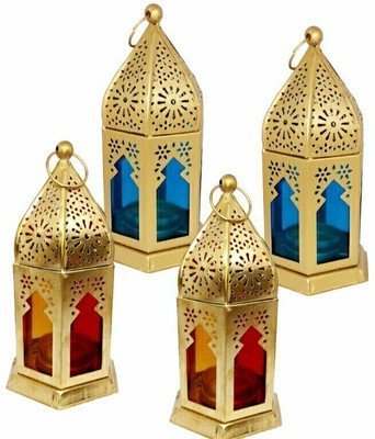 Sm impex Ramadan decoration Lantern Candle Holder for Table Decor, Living Room office Gold Iron Hanging Lantern(15 cm X 10 cm, Pack of 4)
