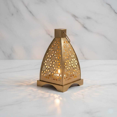 Marigold Stores Stunning Decorative Designer Antique Gold Metal Triangle Lantern Gold Cast Iron Table Lantern(29 cm X 12 cm, Pack of 1)