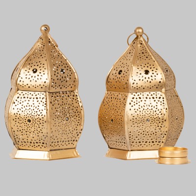 SunriseCorpArts Moroccan Lantern, Etching Design T-Light Holder Gold Iron Hanging Lantern(15 cm X 10.5 cm, Pack of 2)