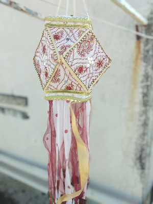 Decocrafts Hand-Made Cloth Kandil Diwali Lamp/Diwali Festival Hanging Light Lantern White, Red Cloth Hanging Lantern(40 cm X 30 cm, Pack of 1)