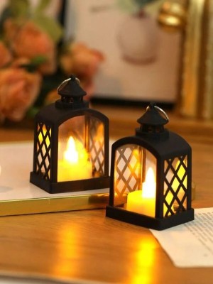 Elegant Lifestyle Antique LED Lantern, Light Showpiece, Home Decor Diwali Christmas New Year Party Black Plastic, Glass Hanging Lantern(9 cm X 5.5 cm, Pack of 2)