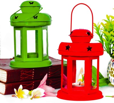 Kalpavriksha Decorative Lantern Hanging Light T-Light Candle Holder Red, Green Iron Hanging Lantern(15 cm X 10.1 cm, Pack of 2)