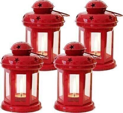 IMRAB CREATIONS Decorative Metal Hanging Lantern/Lamp/Tealight Candle Holder Red Metal Hanging Lantern(15 cm X 10 cm, Pack of 4)