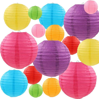 Blooms Mall Hanging Lantern Rice Paper Ball Lamp Shade for Garden Lawn Terrace Cafe Multicolor Paper Hanging Lantern(12 cm X 6 cm, Pack of 30)