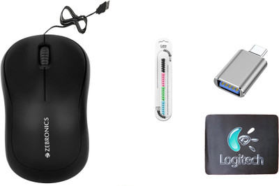 Mophonics Wired Mouse, MousePad, C-OTG & Cable Protector (Set of 4) Combo Set(White, Black, Multicolor)