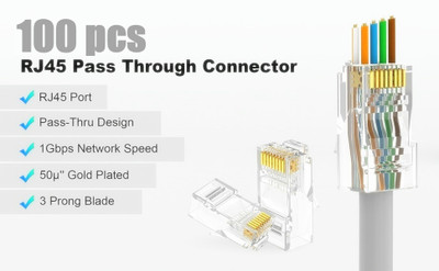 BALRAMA 100 Pcs RJ45 Cat6 Pass Through Connectors LAN Connector Passthrough RJ45 Network Wired Ethernet Lan Adapter compatible with Windows(100 Mbps)