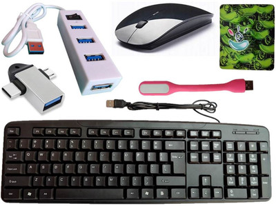 ANJO Wired Keyboard-Wireless Mouse-Mouse Pad-USB Hub 2.0-2in1 OTG C & Micro Type-LED Combo Set(Black)