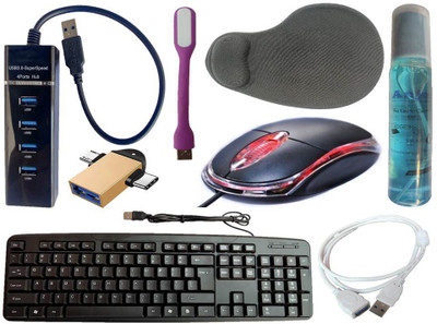 ANJO Wired Keyboard & Mouse-Wrist Pad-Hub 3.0-Cleaner-2in1 OTG-Ext Cable-LED Combo Set(Black)