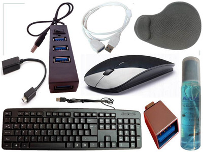 ANJO Wired Keyboard-Wireless Mouse-Wrist Pad-Hub 2.0-Cleaner-OTG C&M-Ext Cable 1.5m Combo Set(Black)