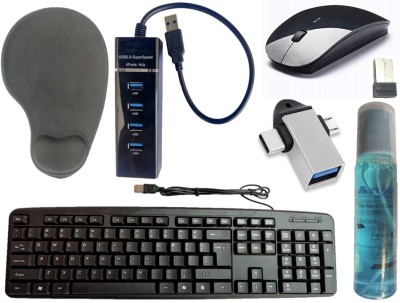 ANJO Wired Keyboard-Wireless Mouse-Wrist Pad-Hub 3.0-Cleaner & Cloth-OTG 2N1C&M Combo Set(Black)