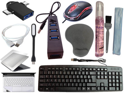 ANJO Wired Keyboard-Wired Mouse-Wrist Pad-Hub 2.0-3in1 Cleaner-2in1 OTG-Ext-LED-Skin Combo Set(Black)
