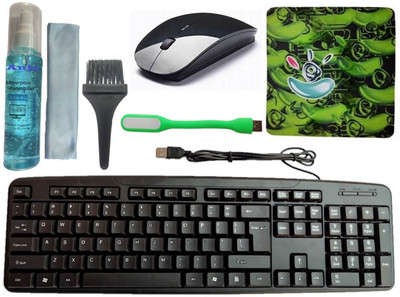 ANJO Wired Keyboard-Wireless Mouse-Mouse Pad-3in1 Cleaner-LED Combo Set(Black)