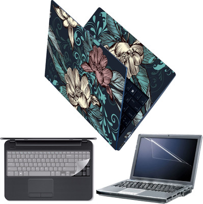 FineArts Full Body Laptop Skin with Screen Guard and Key Guard - Blue Floral Pattern Combo Set(Multicolor)