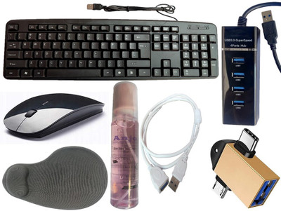 ANJO Wired Keyboard-Wireless Mouse-Wrist Pad-Hub 3.0-Cleaner-2in1 OTG-Ext Cable 1.5m Combo Set(Black)