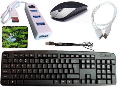 ANJO Wired Keyboard-Wireless Mouse-Pad-USB Hub 2.0-Ext Cable 1.5m Combo Set(Black)