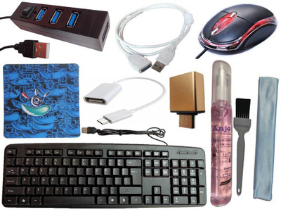 ANJO Wired Keyboard-Wired Mouse-Pad-Hub2.0-3in1 Cleaner-OTG C&M-Ext Cable 1.5m Combo Set(Black)