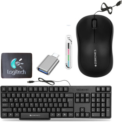 Mophonics Wired K20 Keyboard, Mouse, MousePad, C-OTG, Cable Protector (Set-5) Combo Set(Multicolor)