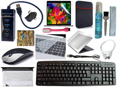 ANJO KeyboardWirlesMos-Pad-Hub3-3n1Clnr-2n1OTG-Ext-LED-Skin-15.6iScrn&KeyGuard&Sleeve Combo Set(Black)