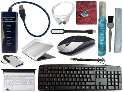 ANJO Keyboard-Wireless Mouse-Pad-USB Hub 3.0-3in1 Cleaner-2in1 OTG-Ext-LED-Skin Combo Set(Black)