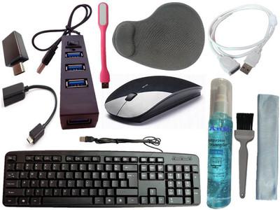 ANJO Keyboard-Wireless Mouse-Wrist Pad-Hub 2.0-3in1 Cleaner-OTG C&M-Ext Cable-LED Combo Set(Black)