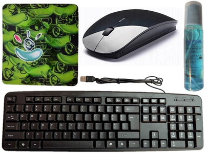 ANJO Wired Keyboard-Wireless Mouse-Mouse Pad-Cleaner Combo Set(Black)