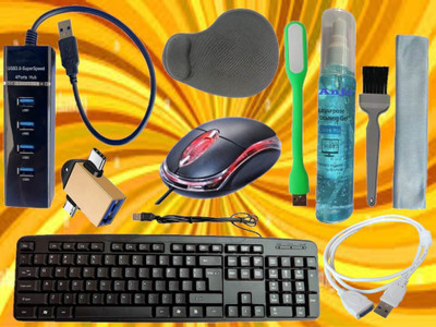 ANJO Wired Keyboard & Mouse-Wrist Pad-Hub 3.0-3in1 Cleaner-2in1 OTG-Ext Cable-LED Combo Set(Black)