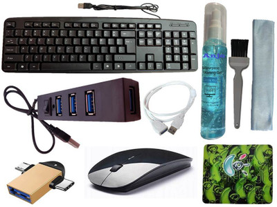 ANJO Wired Keyboard-Wireless Mouse-Pad-Hub 2.0-3in1 Cleaner-2in1 OTG-Ext Cable 1.5m Combo Set(Black)