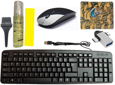 ANJO Wired Keyboard-Wireless Mouse-Mouse Pad-3in1 Cleaner-2 in 1 OTG Type C & Micro Combo Set(Black)