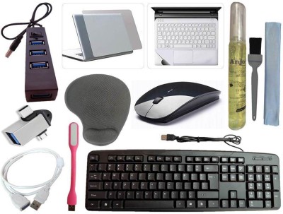 ANJO Keyboard-Wireless Mouse-Wrist Pad-Hub 2.0-3in1 Cleaner-2in1 OTG-Ext-LED-Skin Combo Set(Black)