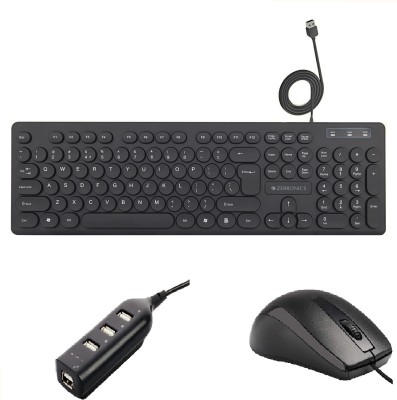 ZEBRONICS K24 Wired Keyboard + Alex Mouse + 90HB USB HUB Combo Set(Black)