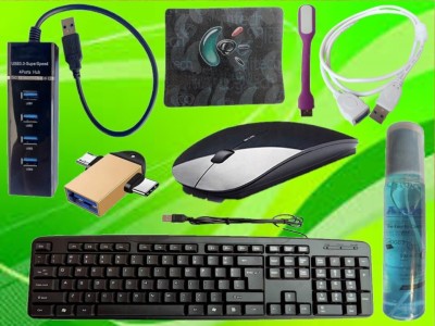 ANJO Wired Keyboard-Wireless Mouse-Pad-USB Hub 3.0-Cleaner-2in1 OTG-Ext Cable-LED Combo Set(Black)