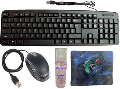ANJO USB Keyboard, USB Mouse, Mouse Pad, Cleaning Gel 100ml With Cloth 4 in 1 Combo Set(Black)