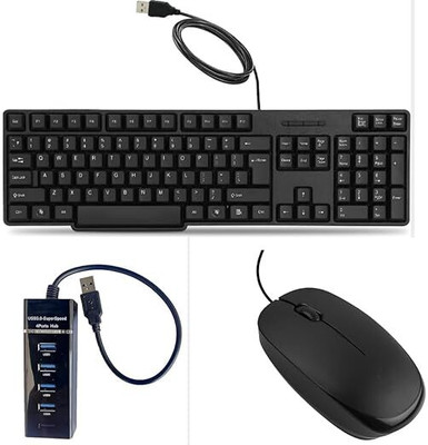 Adefex Full Set-Up Wied Keyboard | Wired Mouse | 4 Port USB Hub Combo Set(Black)