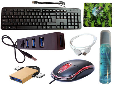 ANJO Wired Keyboard-Wired Mouse-Pad-Hub2.0-Cleaner-2in1 OTG C & Micro-Ext Cable 1.5m Combo Set(Black)