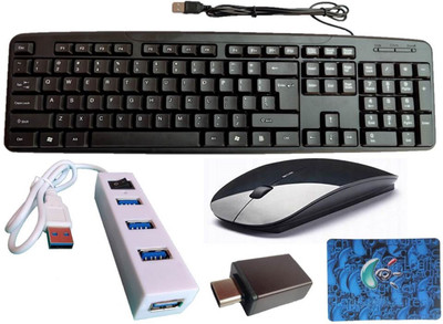 ANJO Wired Keyboard-Wireless Mouse-Mouse Pad-USB Hub 2.0-OTG C Type Combo Set(Black)