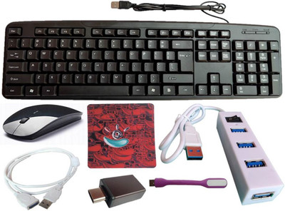 ANJO Wired Keyboard-Wireless Mouse-Pad-USB Hub 2.0-OTG C Type-Ext Cable 1.5m-LED Combo Set(Black)