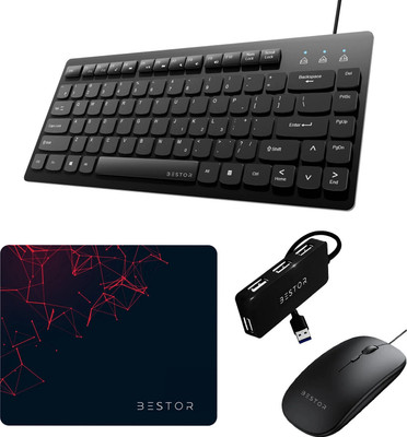 Bestor Set of 4 USB Mini Keyboard,Wired Mouse,Mouse Pad,4port HUB Combo Set(Black)