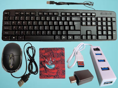 ANJO Wired Keyboard-Wired Mouse-Mouse Pad-USB Hub 2.0-OTG C Type Combo Set(Black)