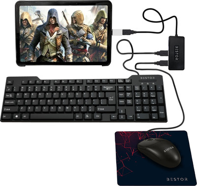 Bestor Set of 5 Combo,USB Wired Keyboard,Wire Mouse,Mouse Pad,typeC converter,4port HUB Combo Set(Black)