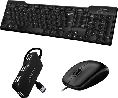 Bestor Set of 3 Combo,USB Wired Keyboard, Wire Mouse, 4 port USB,Plug & Play for laptop Combo Set(Black)