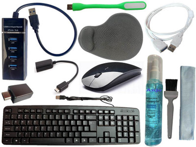 ANJO Keyboard-Wireless Mouse-Wrist Pad-Hub 3.0-3in1 Cleaner-OTG C&M-Ext Cable-LED Combo Set(Black)